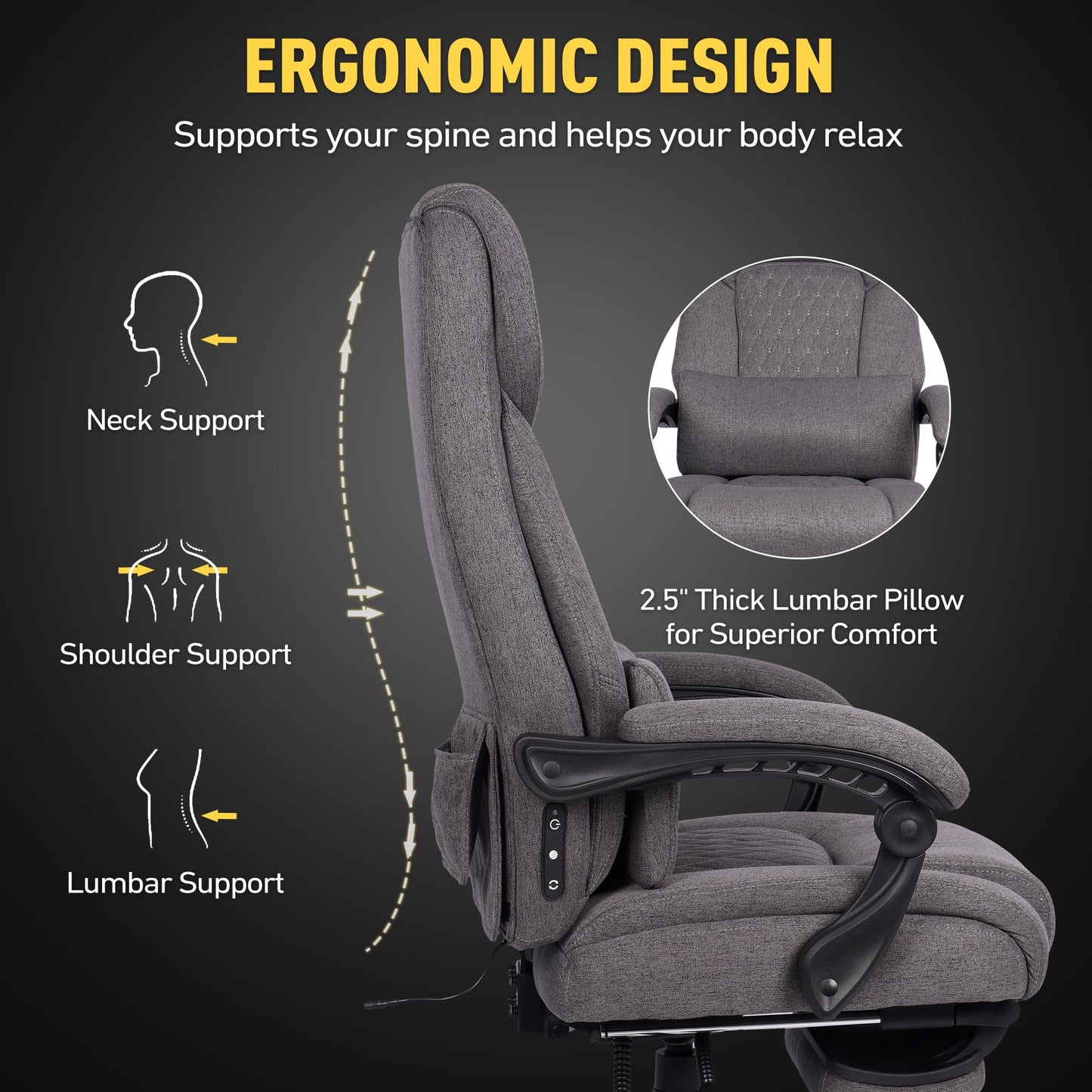 EGSEAT 3D Kneading Massage Office Chair with Heat, 500 lbs Big and Tall Executive Computer Desk Recliner, Leather Electric Heated Office Chairs with Massage & Footrest, Gery