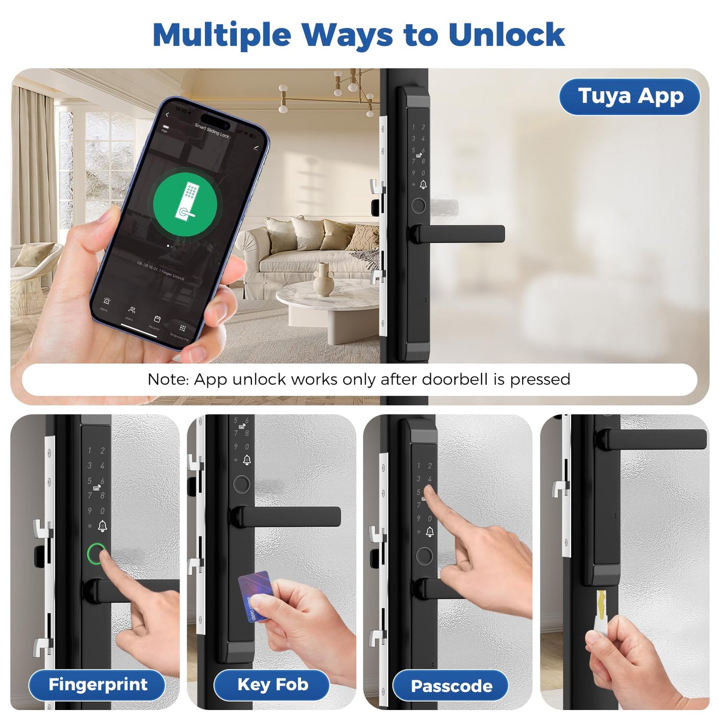 Sliding Door Smart Lock, Sliding Glass Door Lock with Fingerprint, JNZCH Smart Mortise Lock with App Control, IC Card, Keys, Anti-Peep Touchscreen, Perfect for Patio
