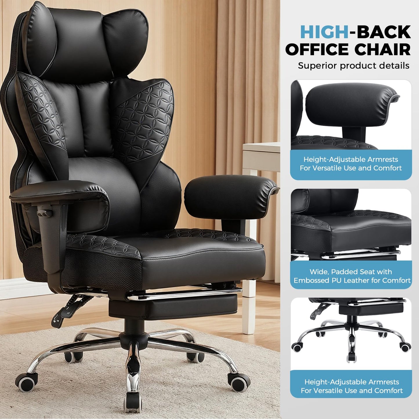 COMHOMA Big and Tall Office Chair Heavy Duty Wide Ergonomic Gaming Chair with Deluxe Embossing Designed Leather with Foot Rest,150°Reclining Adjustable Armrests Pocket Spring Back Support and Pillow