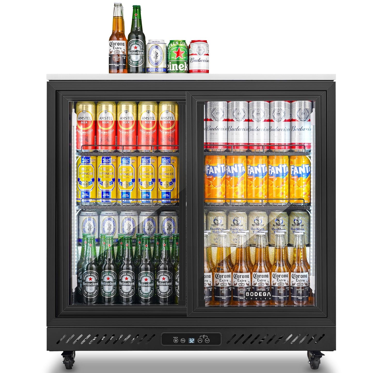 BODEGA BODEGACOOLER Back Bar Cooler,7.7 Cu.ft Commercial Beverage Refrigerator with 2 Sliding Glass Doors,Beverage Fridge with 4 Caster Perfect for Beer,Stainless Steel Top, Wine,Soda,DOE Approved