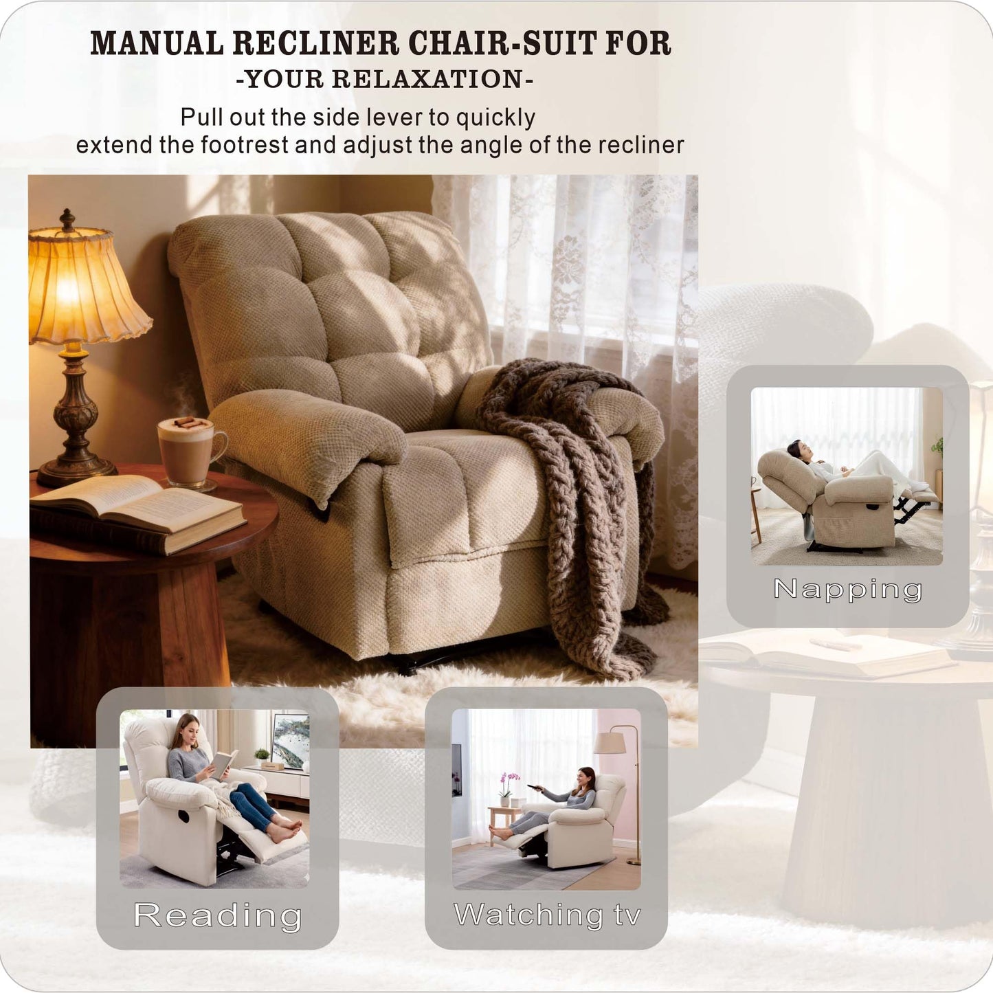 KEIKI Recliner Chair, Nursery Rocker Reclining Chair with Side Pocket, Upholstered Single Sofa for Living Room, Bedroom, Nursing, Reading, Camel
