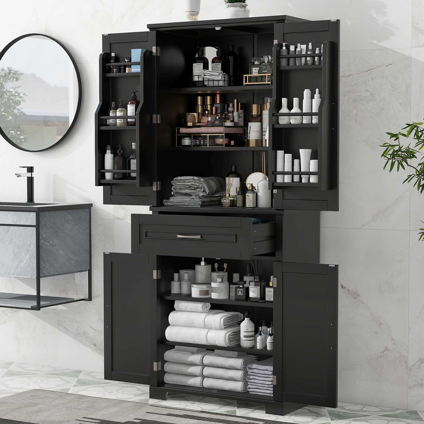 Storage Cabinet with 4 Doors and Drawers, 72.2" H Kitchen Cabinet with 6 Door Shelves, Kitchen Storage Cabinets with Adjustable Shelves for Living Room, Black