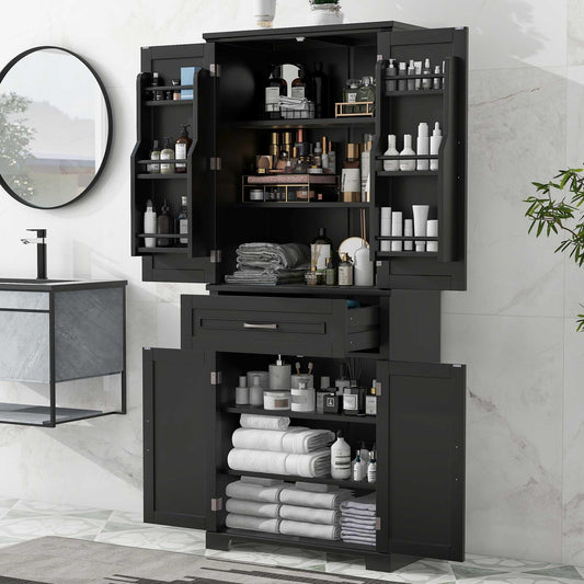 Storage Cabinet with 4 Doors and Drawers, 72.2" H Kitchen Cabinet with 6 Door Shelves, Kitchen Storage Cabinets with Adjustable Shelves for Living Room, Black