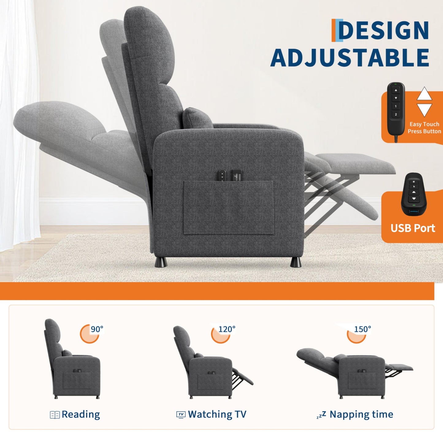 Garvee Power Recliner Chair, Adjustable Electric Recliner Ergonomic Overstuffed Single Sofa, Padded Seat, Side Pockets and USB Port, Home Theater Seating for Living Room