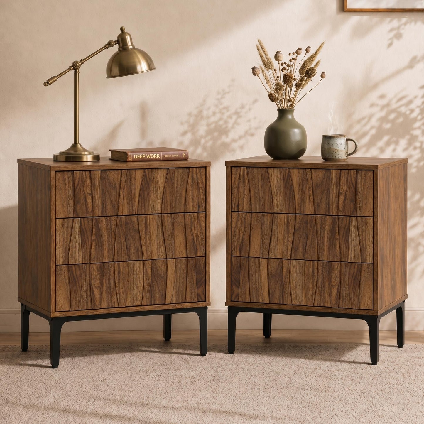 Mid-Century Modern Walnut Nightstands Set of 2, Wide Bedside Tables with 3 Drawers Each, Sculpted 3D Wave Front, Push-to-Open Handle-Free Drawers & Black Metal Legs