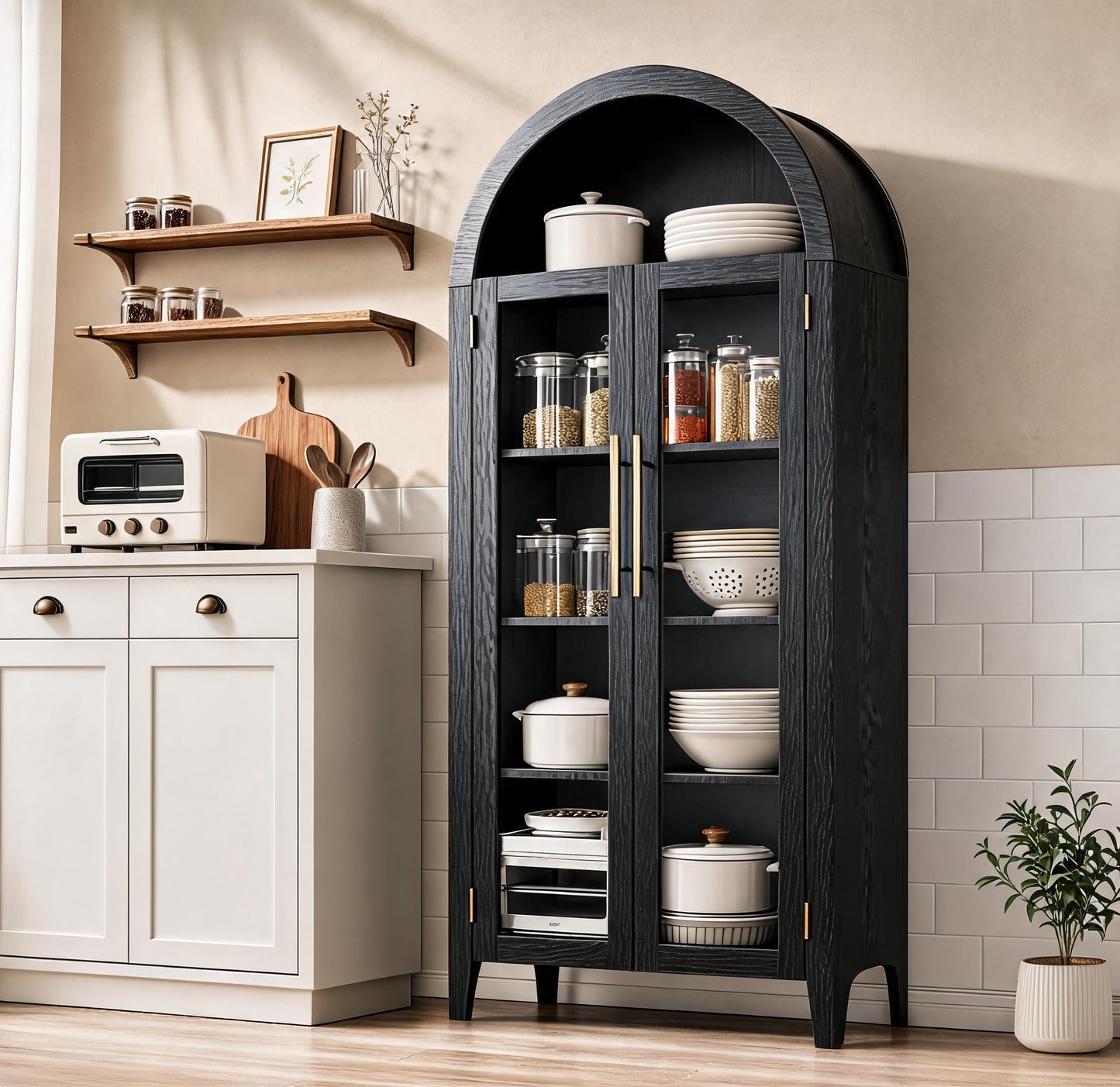 Garvee Arched Cabinet with Glass Doors, 5-Tier Kitchen Pantry Cabinet with Adjustable Shelves, Farmhouse Display Storage Cabinet for Dining Room, Living Room, Black