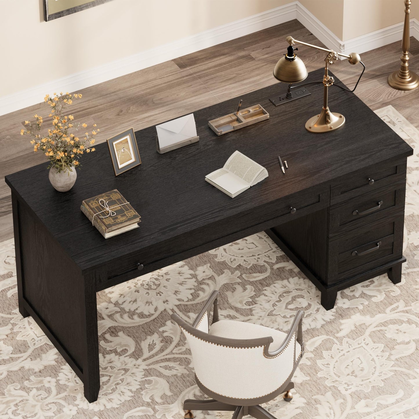 IDEALHOUSE 53.5" Farmhouse Computer Desk with Charging Station, Rustic Black Home Office Executive Desk, Wooden Workstation with File Cabinet Storage Drawers for Writing & Study, Rustic Black