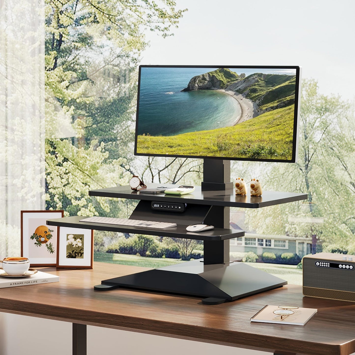 Electric Standing Desk Converter 28" Wide, Height Adjustable Desk Riser, Computer Workstation, Sit-Stand Convertor for Home, Office, School (Black, 1 Arm Included)