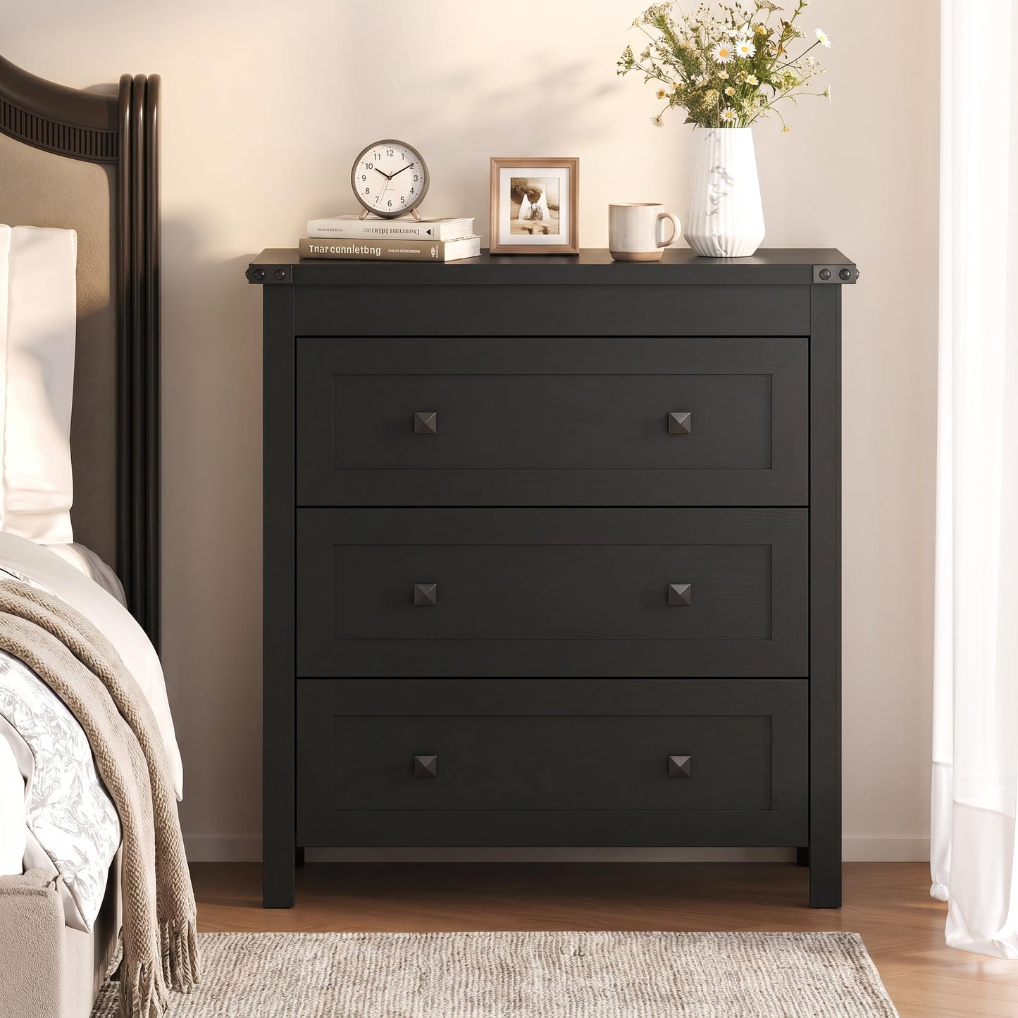 BORNOON 3-Drawer Night Stand Set of 2, Modern Bedside Table Dresser with Metal Handles, Sturdy Wooden End Side Table Storage Cabinet with Anti-Tipping Design for Bedroom