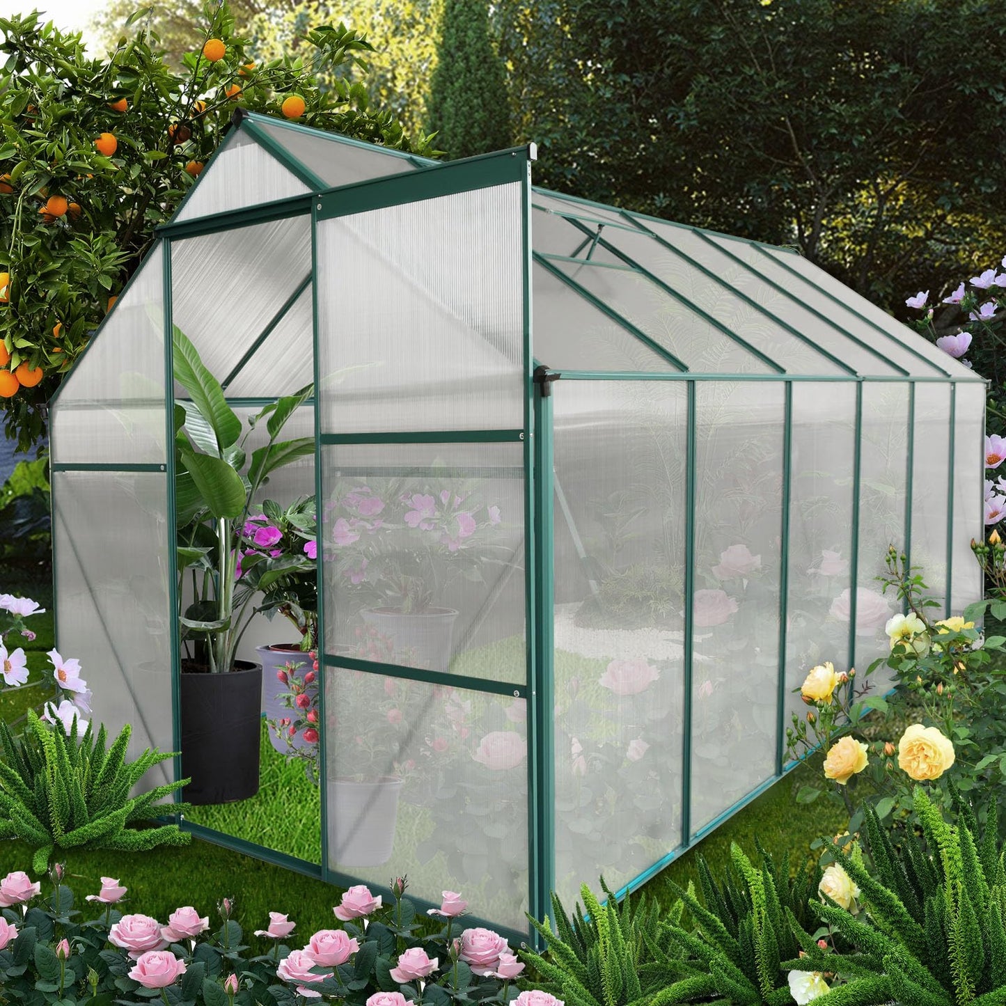 Acosure 6x12 FT Greenhouse Outdoor Polycarbonate Hot House,Garden Plants Houses with Raised Base,Sliding Door and Adjustable Vent Roof for Patio,Easy to Install,Green