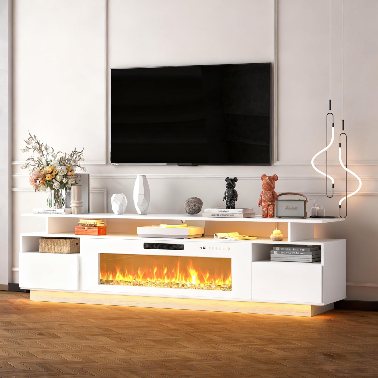 FJTJBSI 70" Fireplace TV Stand with 36" Electric Fireplace Entertainment Center with Charging Station and LED Light Console Table for Television up to 80 inch with Storage for Living Room