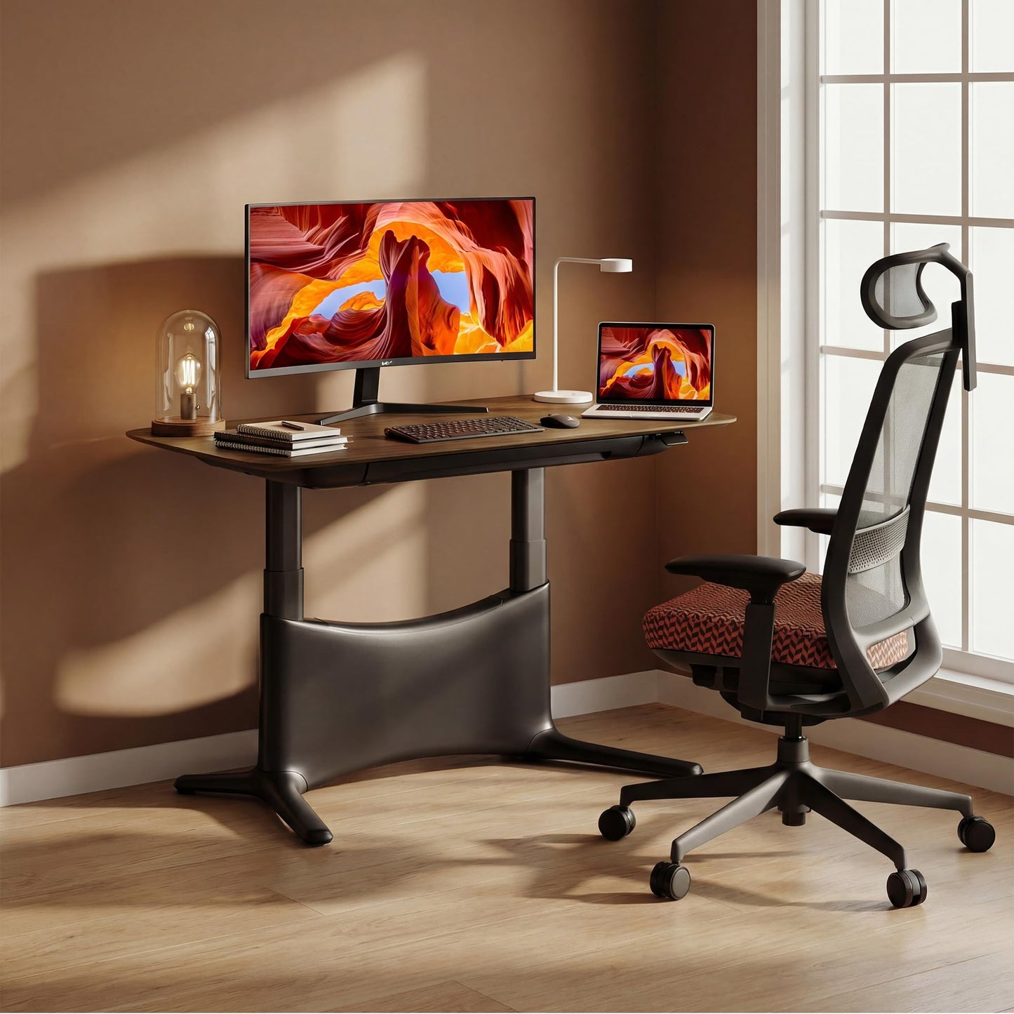 COLAMY Electric Standing Desk 55x28, Desktop Wobble-Free Dual Motor Sit Stand Up Desk with Drawers, Outlets & Footrest, Adjustable Height Computer Table for Home Office Workstation, Walnut Black
