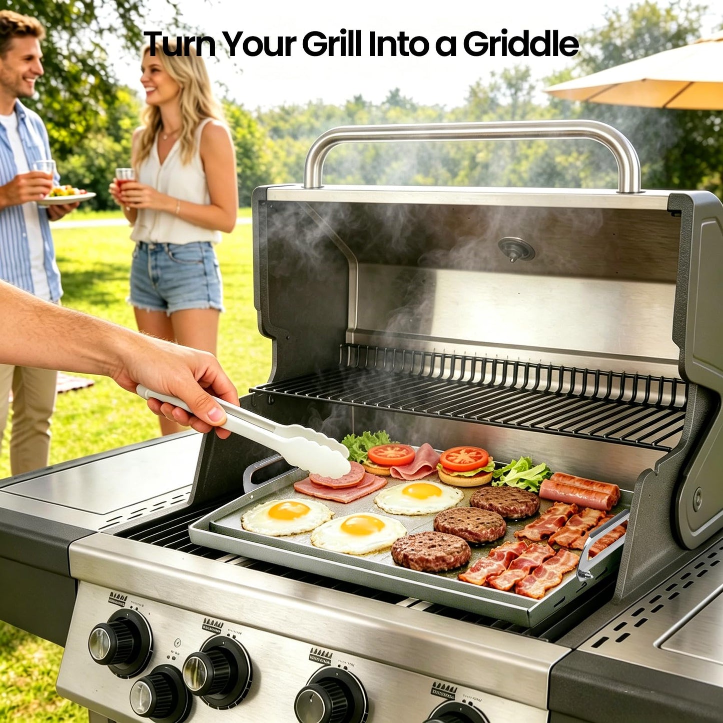 JiRiCHMi 23x16 Inch Griddle for Gas Grill Reinforced Bottom Anti Warp Detachable Handle Grease Groove Stainless Steel Flat Top for Pellet Grill and Stove Outdoor Indoor Cooking