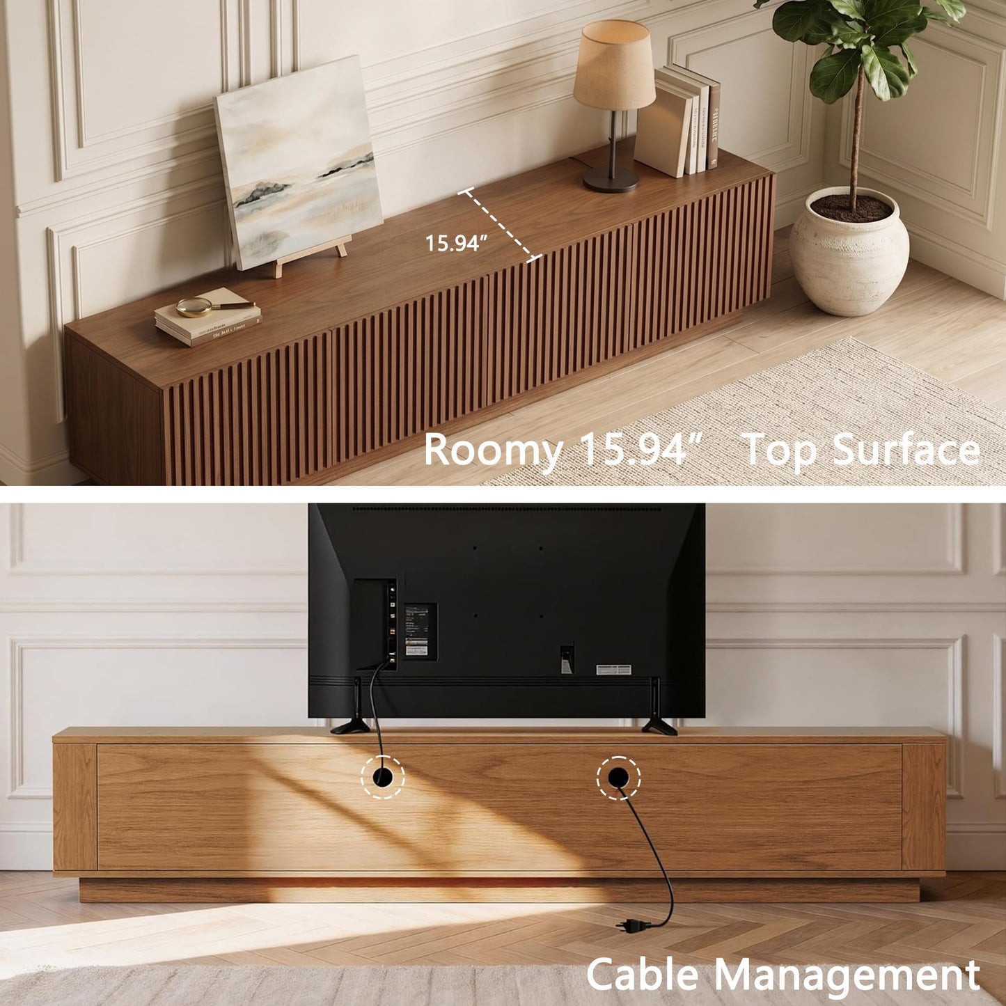 86.61" Mid-Century Modern TV Stand for TVs up to 85", Walnut Entertainment Console with Large Storage, Sturdy Media Cabinet for Living Room & Bedroom