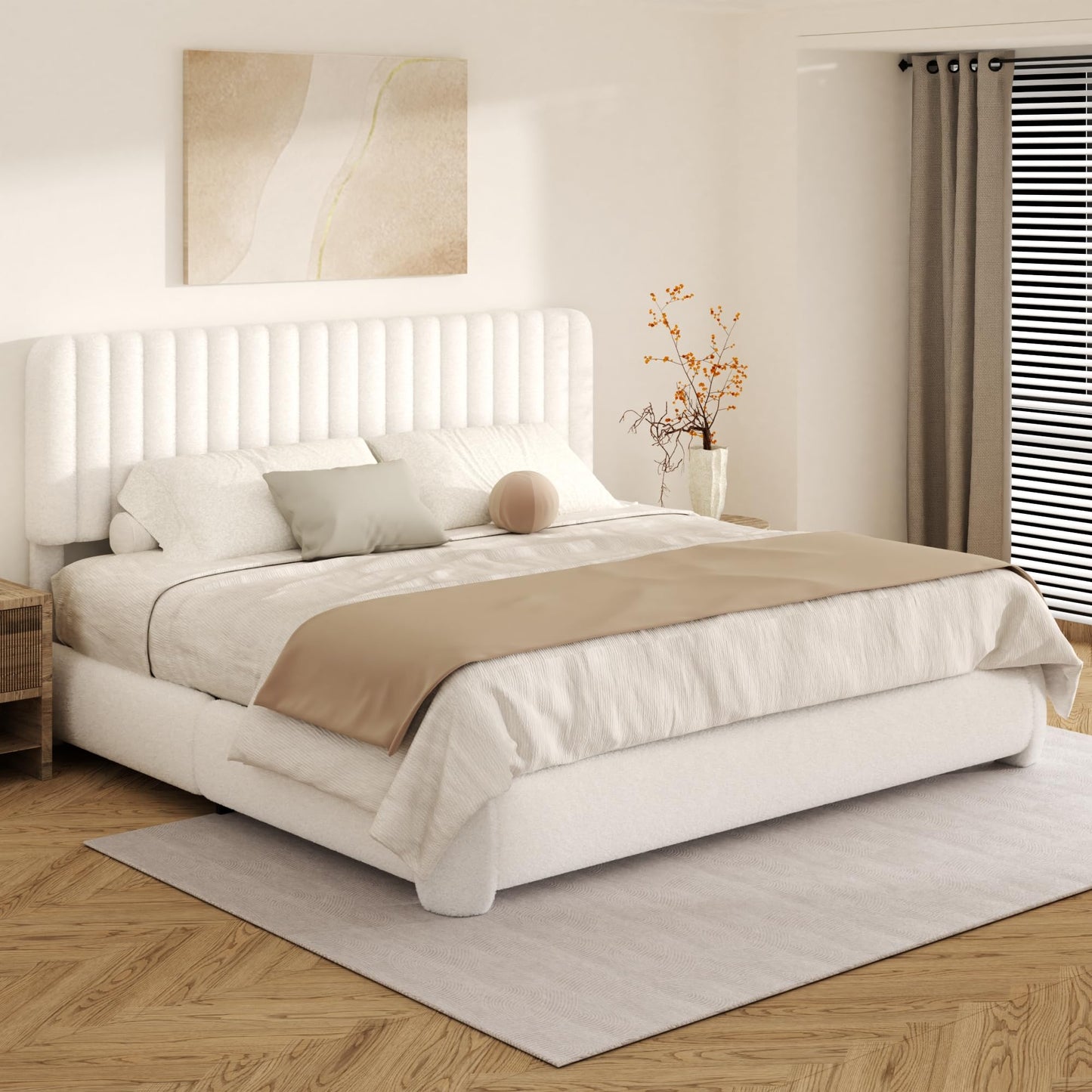 Konprosp King Size Cloud Bed Frame, Upholstered Boucle Platform Bed with Round Corner Adjustable Headboard, Modern Style, No Box Spring Needed, Never Squeak, Easy Assembly, White