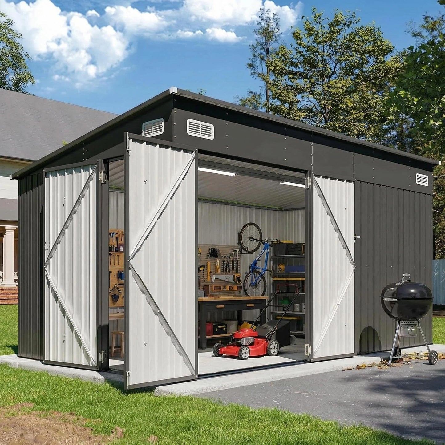 Breezestival Storage Shed 8'x10' Metal Outdoor Sheds with Triple Doors Utility Sheds for Vertical Storage, Dual Lock Lean to Shed Galvanized Steel with Sloped Roof for Mower,Bike,Garden Tools (Black)