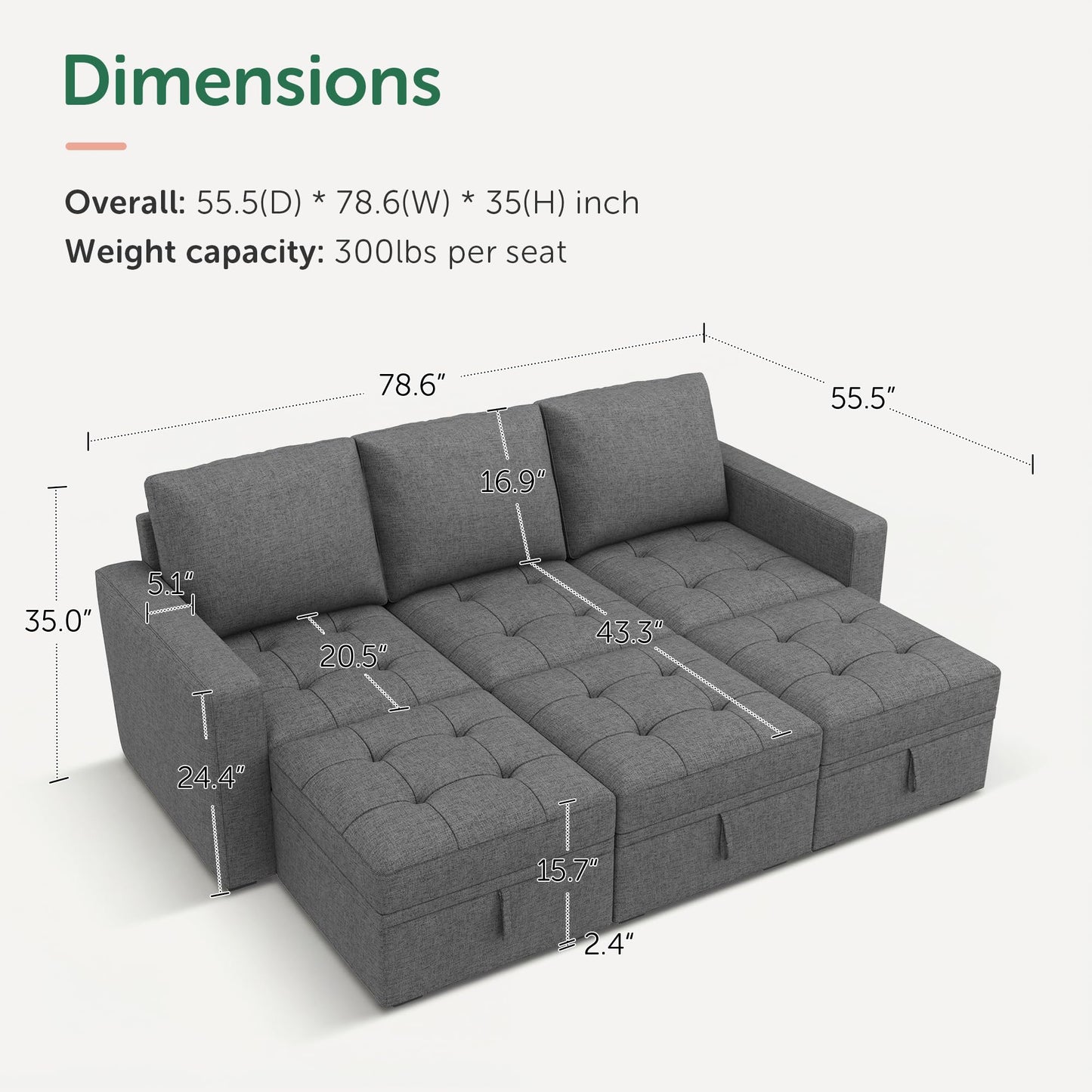 HONBAY Modular Sectional Couch Sleeper Sofa Bed with Storage Seats Oversized Sectional Couches for Living Room,Grey
