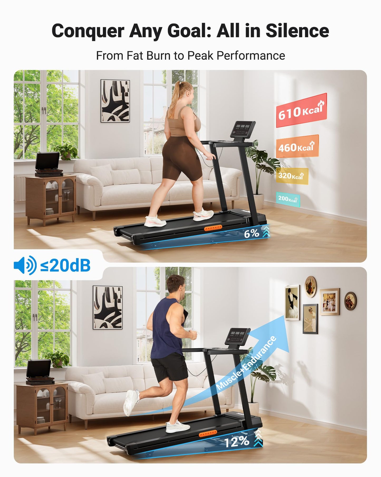 THERUN Treadmill with Incline,8.7 MPH 12% Auto Incline Treadmill,Treadmills for Home,3 HP Quiet Brushless Motorized Treadmill,LED Display