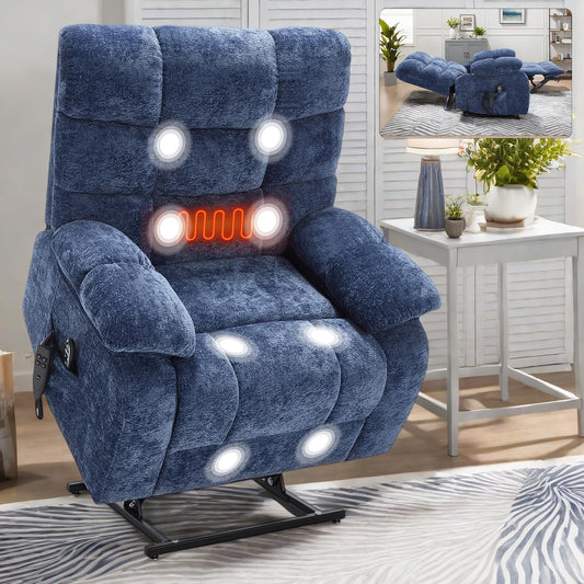 KEIKI Oversized Dual Motor Power Lift Recliner Chair for Elderly, Chenille Upholstery Breathable Rocking Chair with Back Massager and Heated, Cozy Family Room and Entertainment Hub, Blue