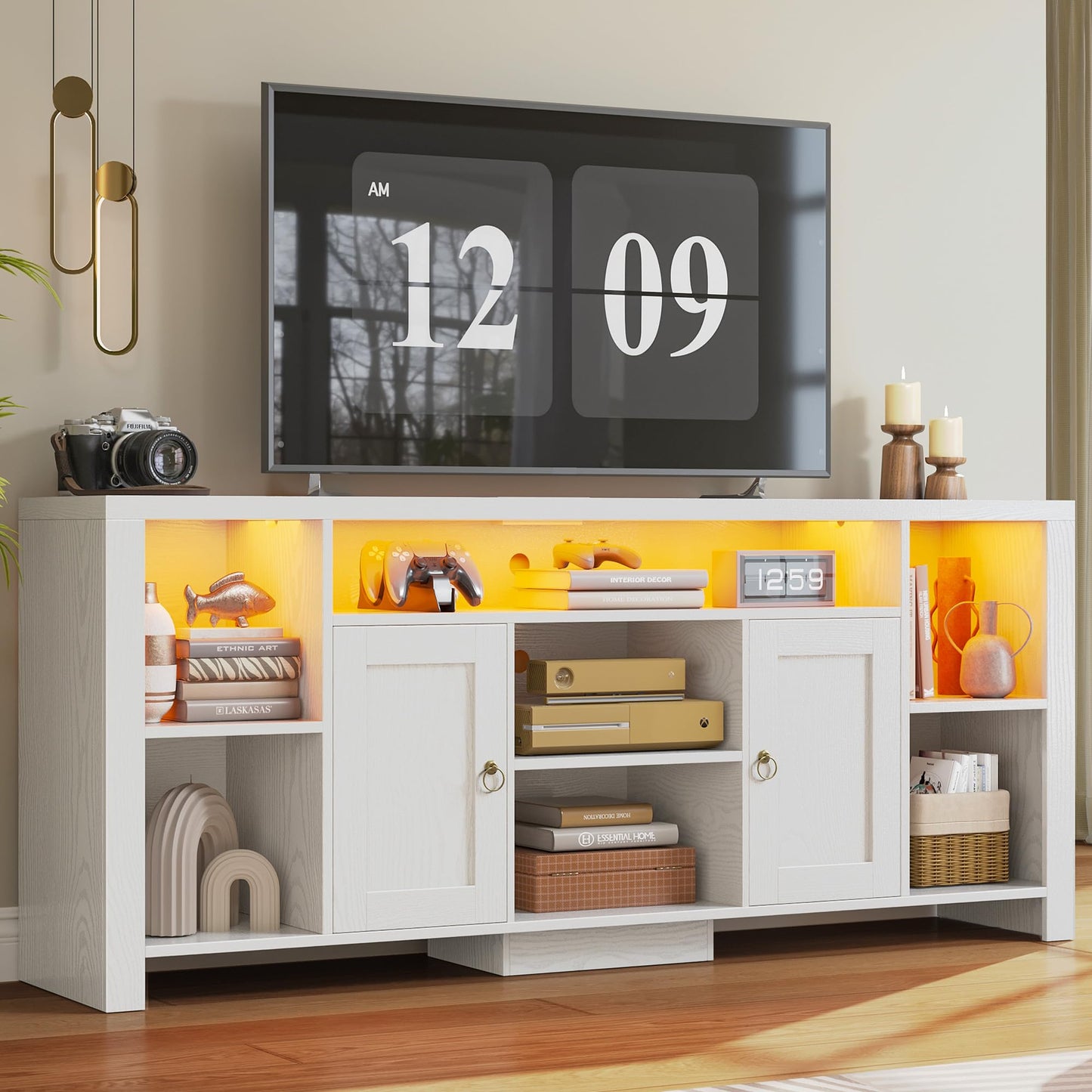 LIKIMIO TV Stand for TVs 80 inch with LED Lights & Power Outlet, Entertainment Center with Cabinets, Adjustable Shelves and Open Shelves, Modern Media TV Console Living Room, White
