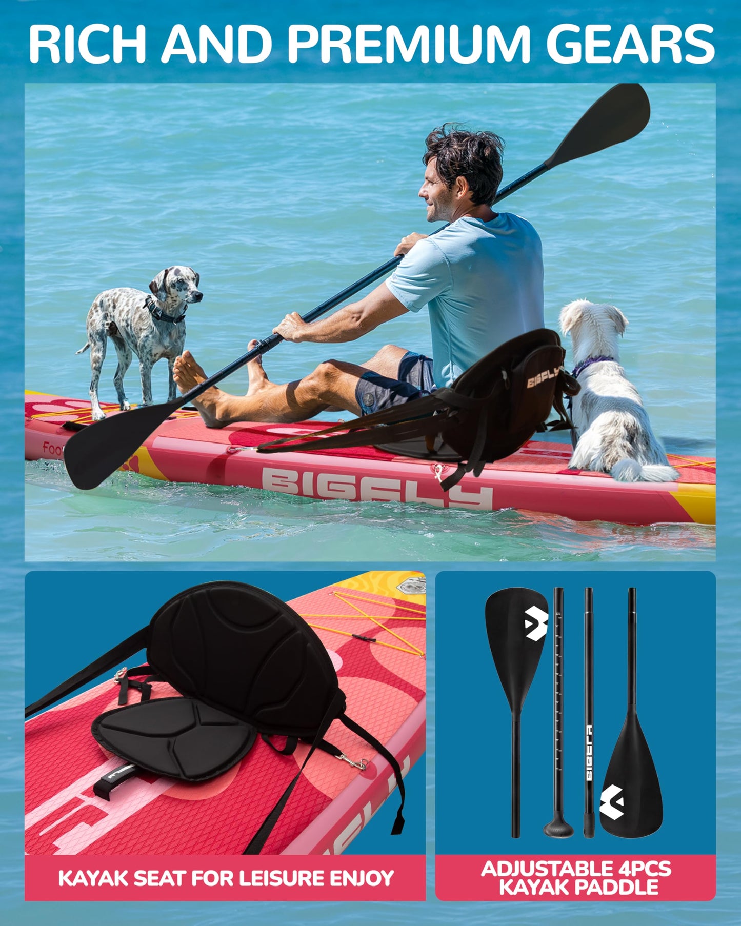 BIGFLY 11'6"x35"x6" Inflatable Non-Slip Stand Up Paddle Boards with Kayak Paddle 4pcs, Kayak Seat, Anti-Slip Scratch Resistant Widened SUP Board for Pet Dog Family Board Travel Leisure