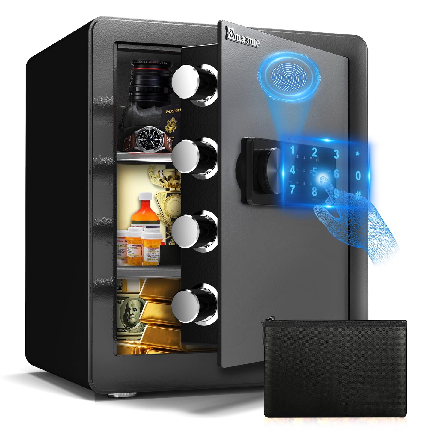 Safe Box, Fingerprint Safe with Fireproof &Waterproof Bag Money Safety Box for Cash Documents Small Safes for Home with Digital Biometric Keypad & Removable Shelf (2.0 Cubic Feet Biometric)