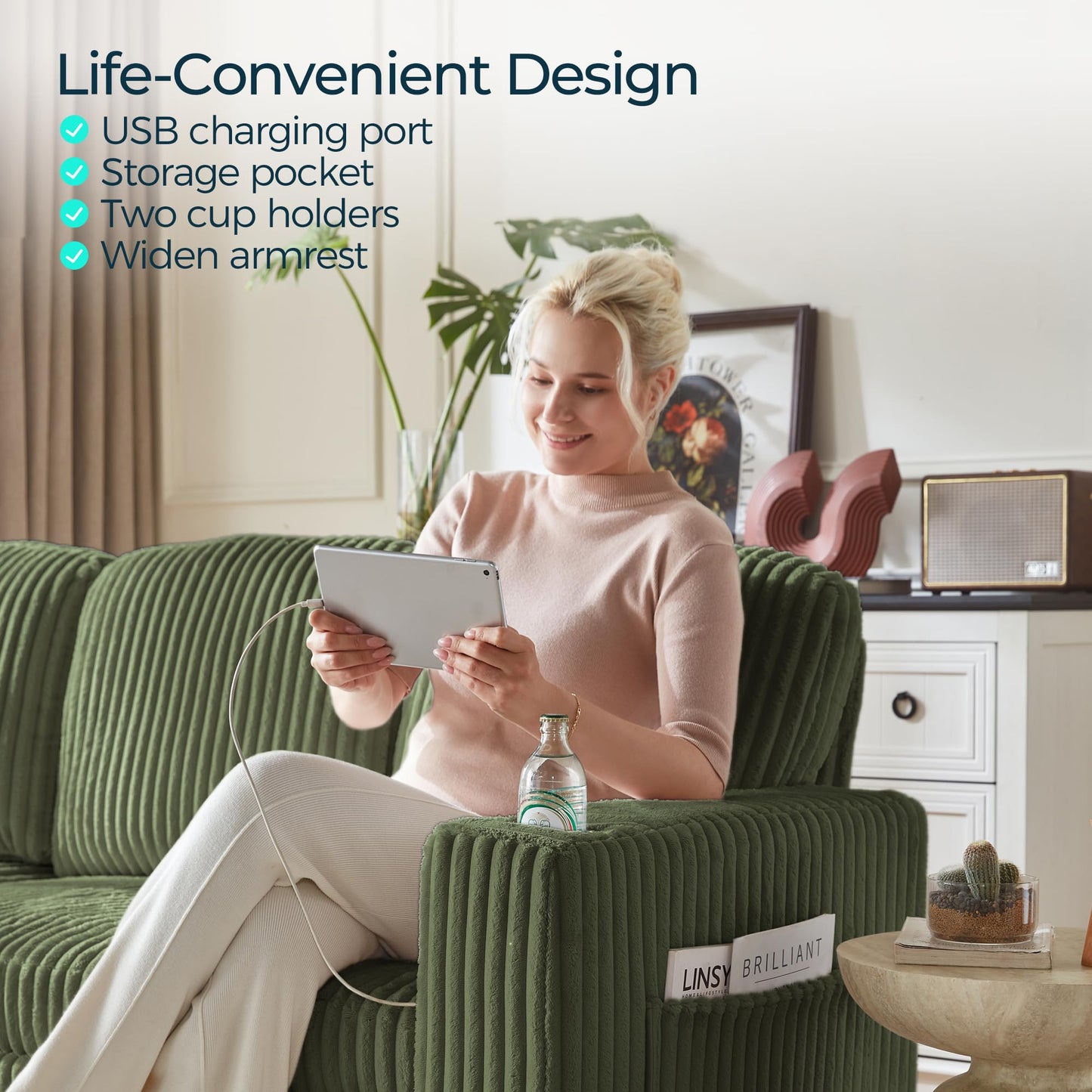 LINSY HOME Pull Out Sleeper Sofa Sectional Couches for Living Room, L Shaped Plush Corduroy Couch with Storage&USB Charging, Convertible Cloud Sectional Sofa Bed for Apartment, Green