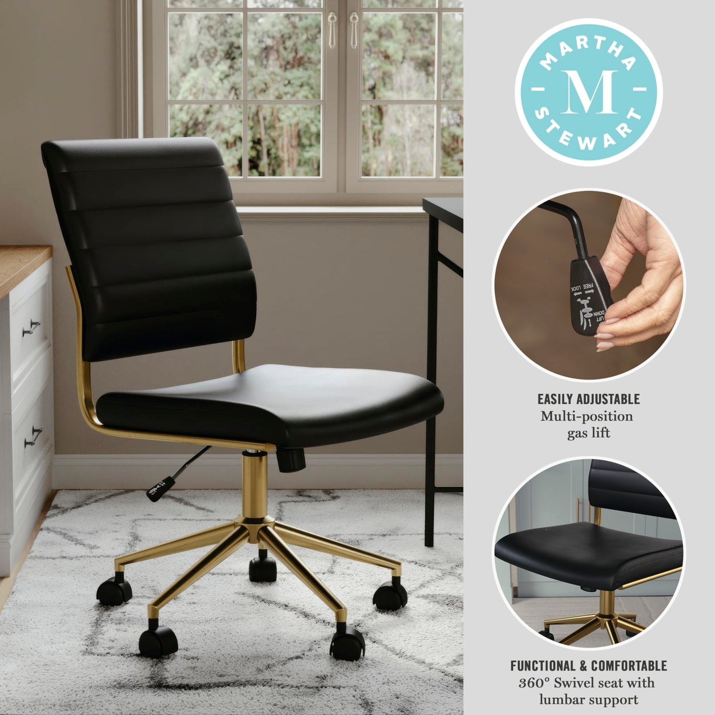 Martha Stewart Ivy Armless Swivel Task Chair for Home Office in Black Faux Leather with Polished Brass Frame