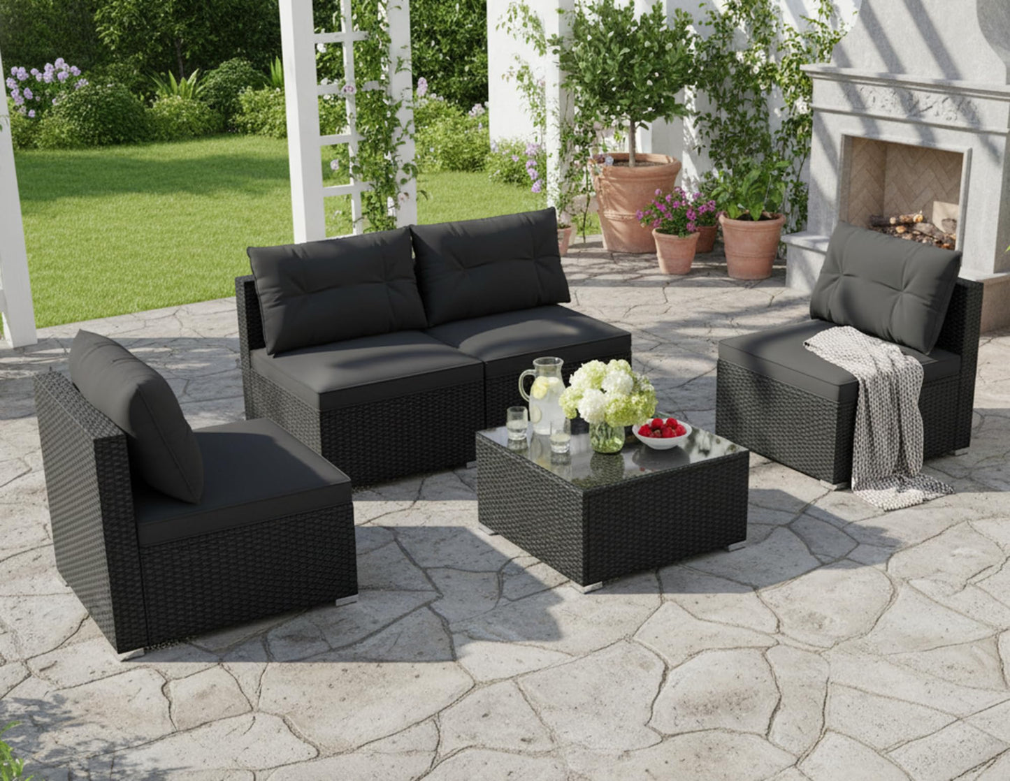 Tangkula 5 Piece Rattan Sofa Set, Outdoor Wicker Furniture Set w/Seat & Back Cushions, Square Coffee Table, Patio Sectional Sofa Set for Backyard, Poolside, Garden (Black)