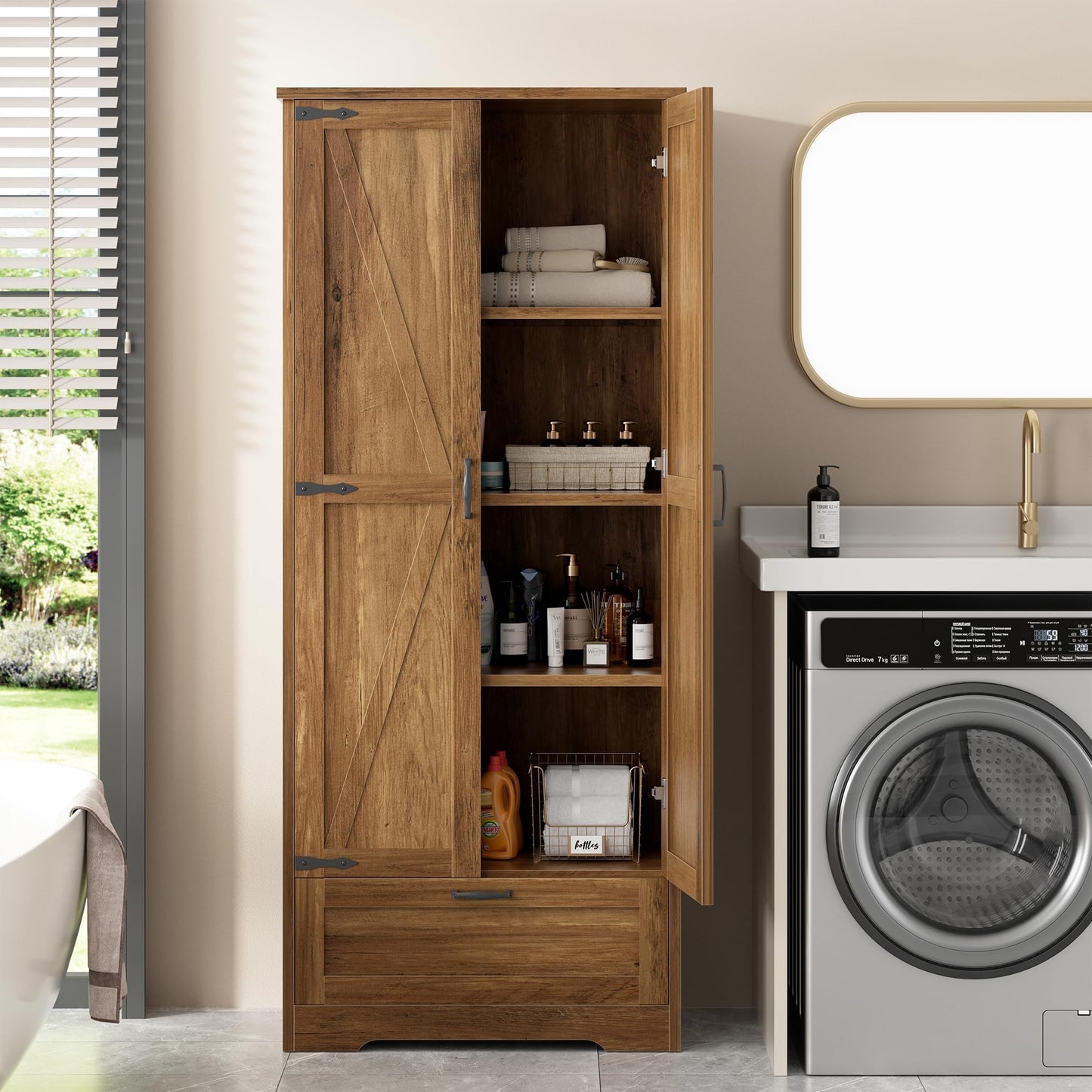 Shintenchi Kitchen Pantry Cabinet, Freestanding Farmhouse Storage Cabinet with 4 Shelves and 1 Drawer, Tall Cupboard for Kitchen, Living Room, Dining Room and Bathroom, Rustic Brown