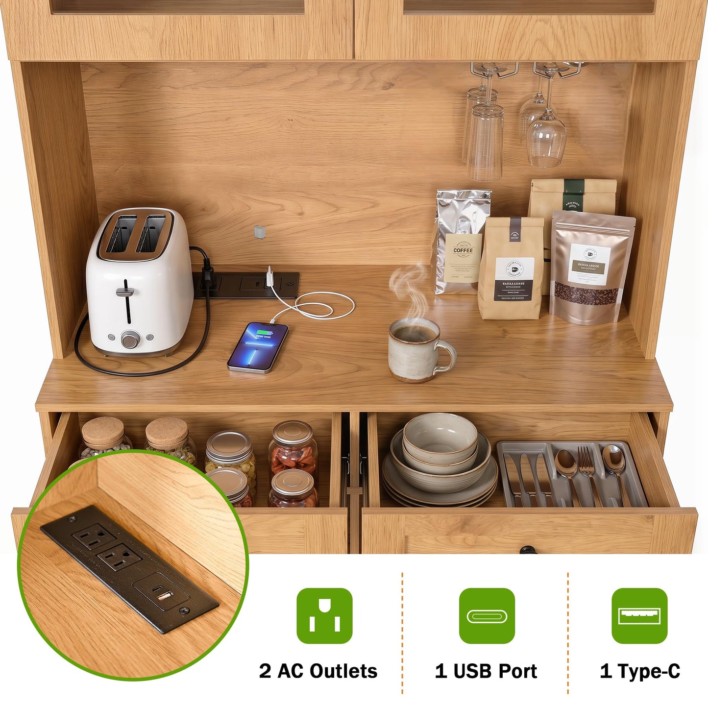 KEIKI 75 Inch Farmhouse Pantry Cabinet with Charging Station, Tall Arched Coffee Bar Cabinet with Adjustable Shelves & Drawer, Freestanding Storage Sideboard for Kitchen Dining Room Living Room, Oak