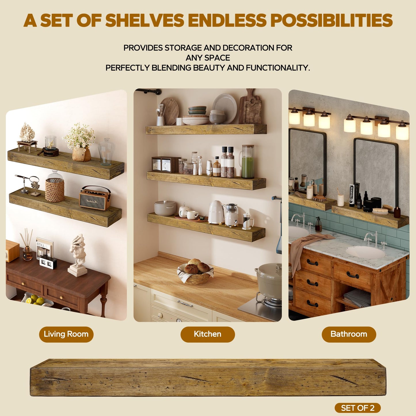 BANFFLOW Floating Shelves 3 inch Thick for Wall Set of 2,Solid Pine Wood Wall Mount Shelf for Kitchen Living Room Bedroom Bathroom,8" D x 36" L x 3" H-Distressed Black Walnut