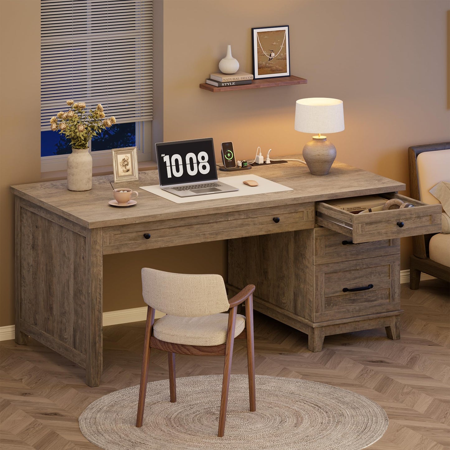 GAOMON 54.5in Wooden Executive Desk with Drawers, Office Desk Computer Table with Charging Station, Farmhouse Home Office Desk with File Cabinet Storage, for Study and Home Office, Rustic Gray