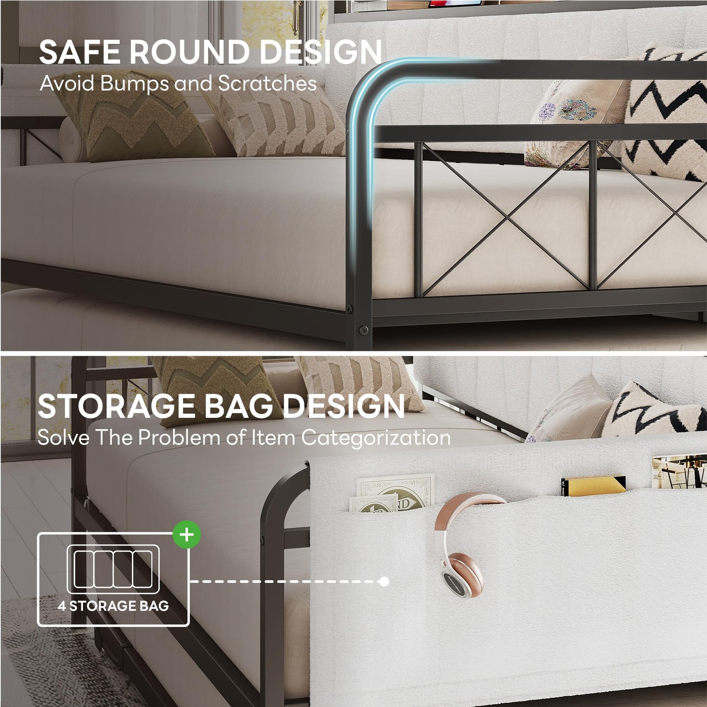 LIKIMIO Twin Daybed, Day Bed with Trundle, Storage Boucle Upholstered Headboard and Charging Station, Trundle Bed with Strong Supports for Living Room, Bedroom, and Guest Room, Cream