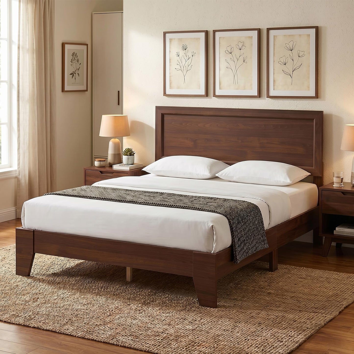 KOMFOTT Full Size Bed Frame, Mid-Century Modern Platform Bed with Headboard, Wooden Slat Support Mattress Foundation, Under-Bed Storage Space, No Box Spring Needed (Walnut,Full)