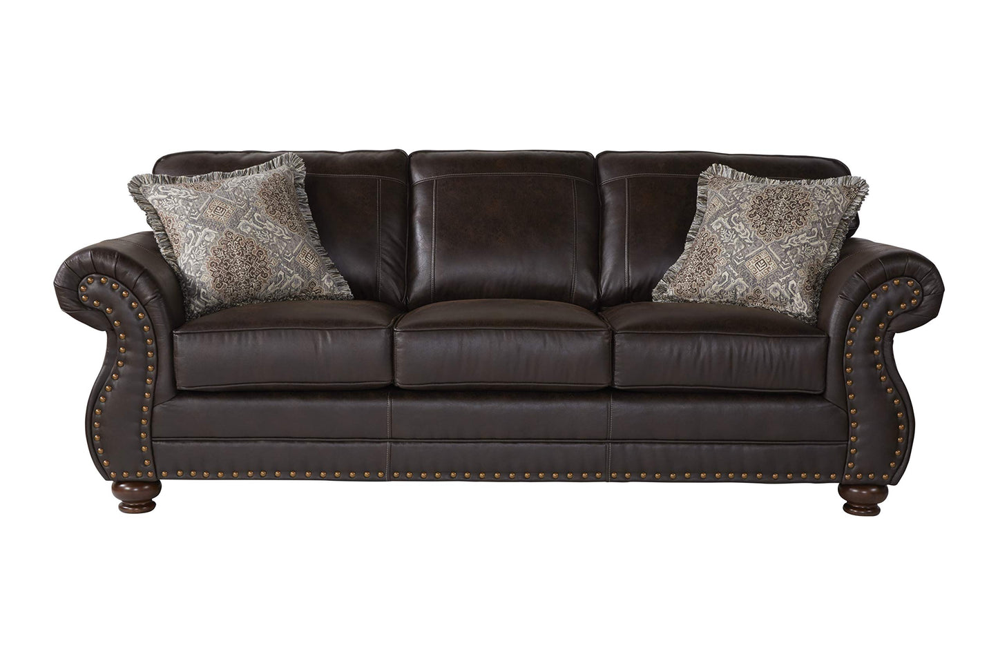 Roundhill Furniture Leinster Fabric Upholstered Nailhead 3-Piece Livingroom Set, Sofa, Loveseat, and Chair Set, Espresso