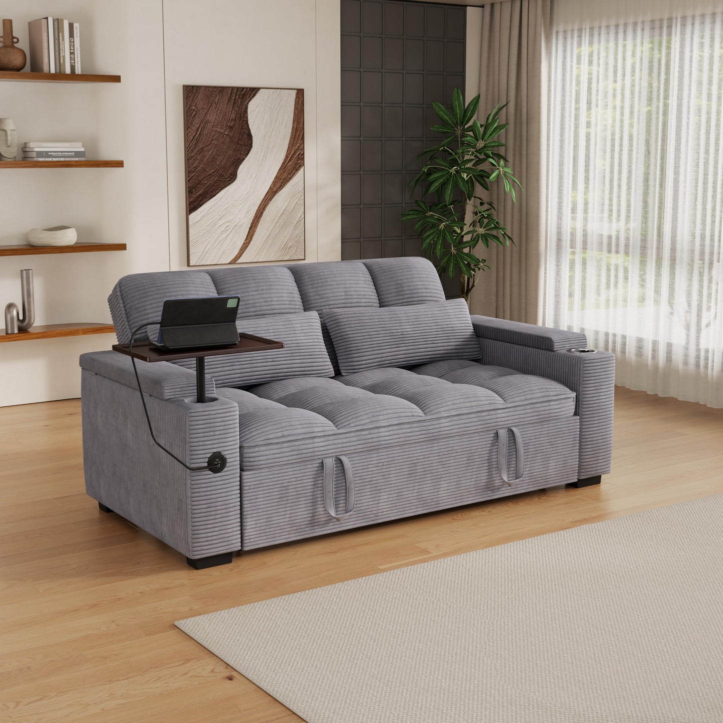KEIKI 65" 3-in-1 Convertible Sofa Bed, Space-Saving Pull-Out Sleeper Loveseat with 360° Swivel Table, USB Charging Ports & Hidden Storage, Premium Ribbed Corduroy Couch for Apartments