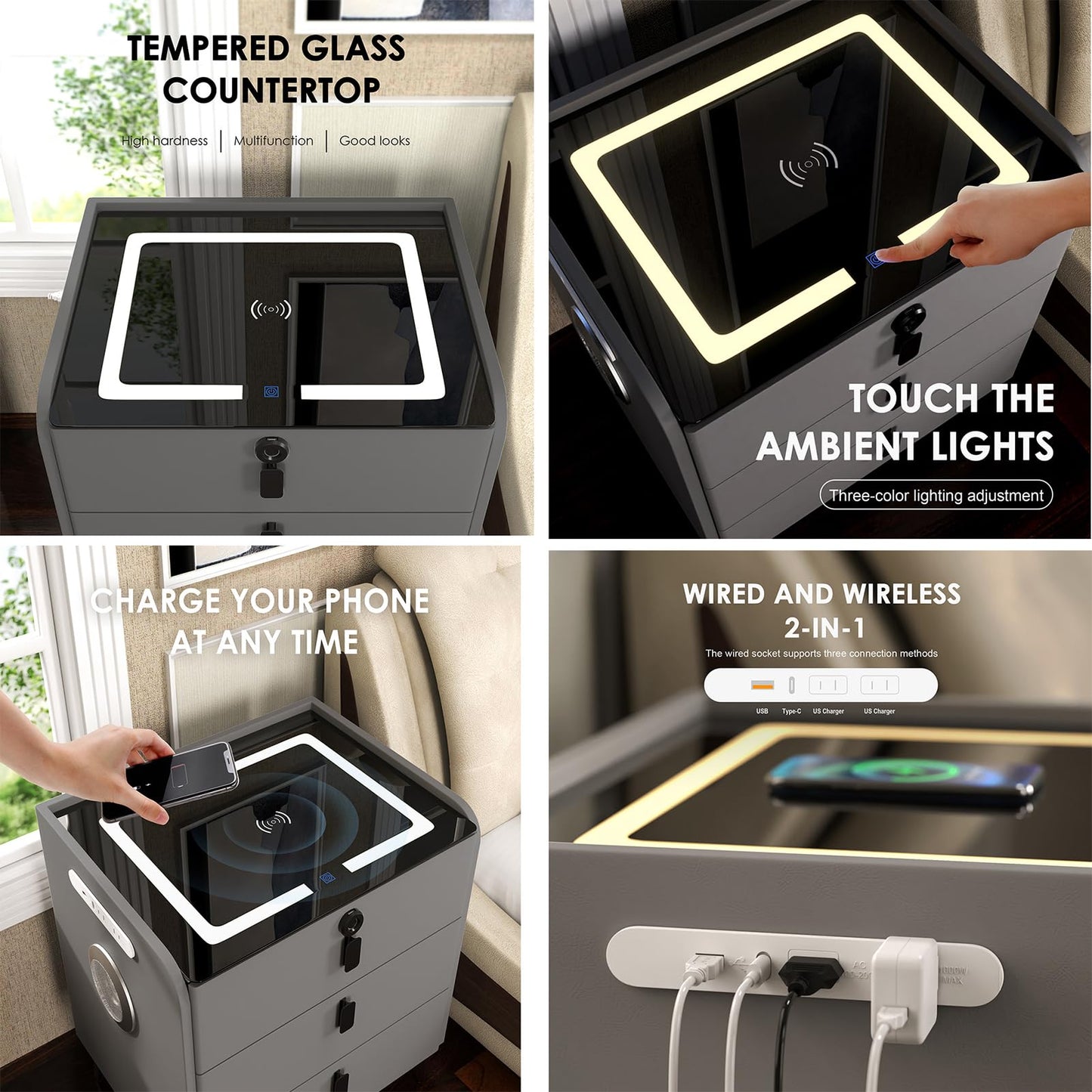 QHRAY Smart Nightstand with Fingerprint Lock Drawer, Nightstand with Wireless Charging, Night Stand with Charging Station,2 USB, LED Lights Bluetooth Speaker Side Table for Bedroom/Living Room