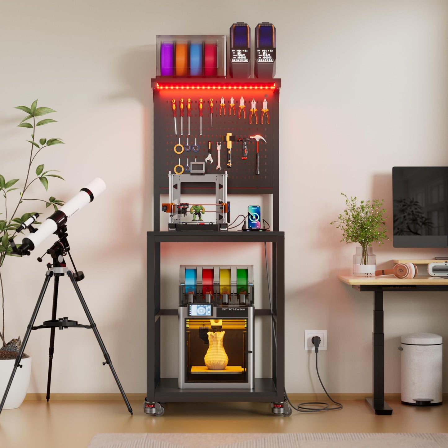 3D Printer Stand with Filament Storage Workbench,3D Printer Table with Charging Station & LED Lights,Heavy Duty Rolling Printer Desk with Pegboard for Workshop,Office,Garage