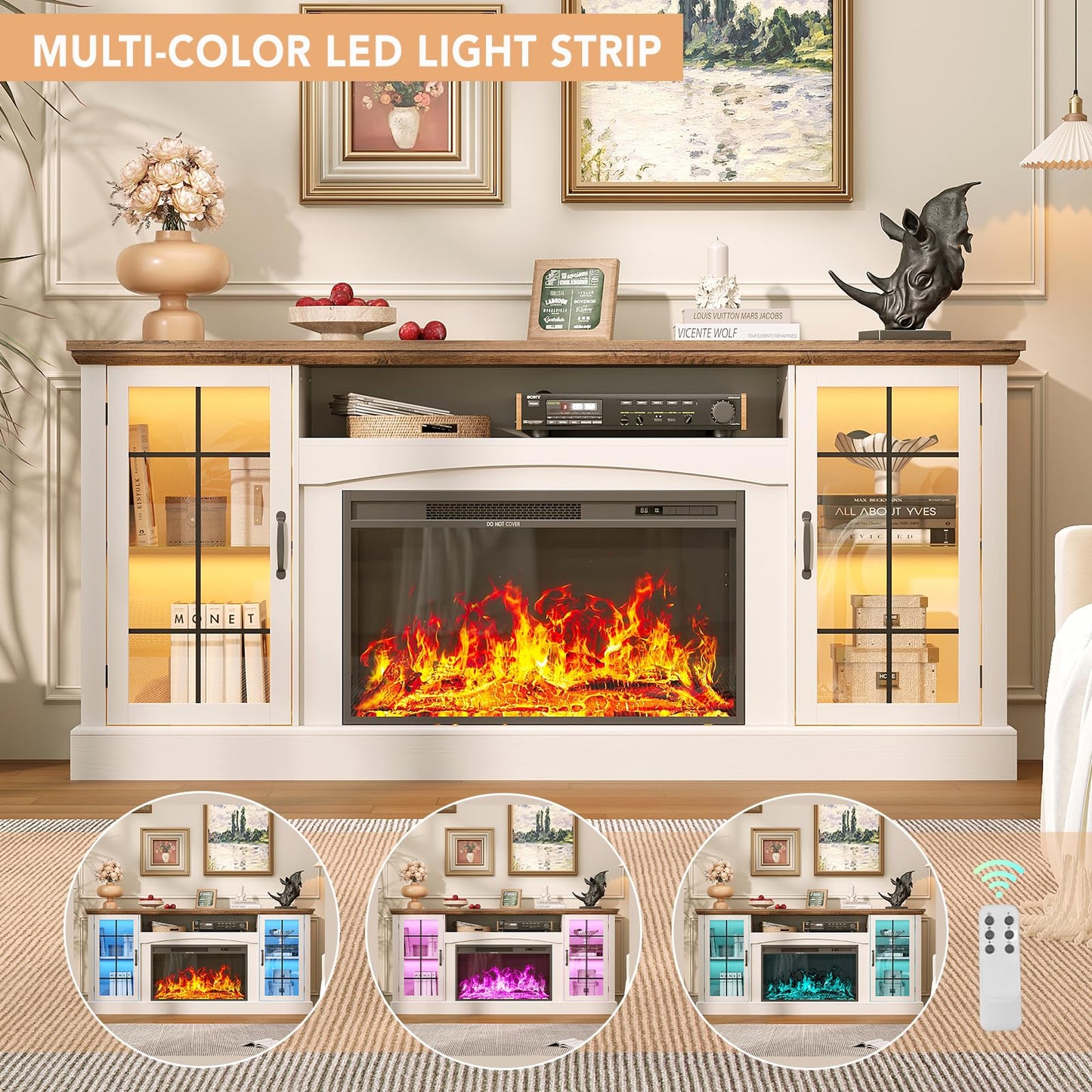 OneBlis 2-in-1 Multifunctional Fireplace TV Stand with 30" Removable Electric Fireplace, 70" Farmhouse Entertainment Center, Media Console Table with Large Storage Cabinets, for Living Room, White