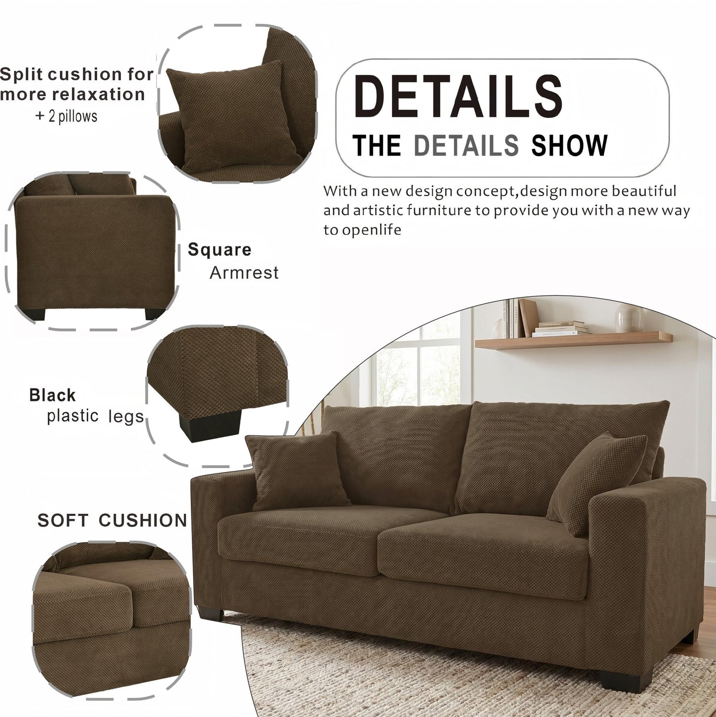 Ball & Cast 69" Loveseat Sofa, Modern Love Seat Couches for Living Room, Button Tufted Upholstered Small Couch with 2 Throw Pillows for Bedroom,Apartment,Office,Easy Assembly,Coffee