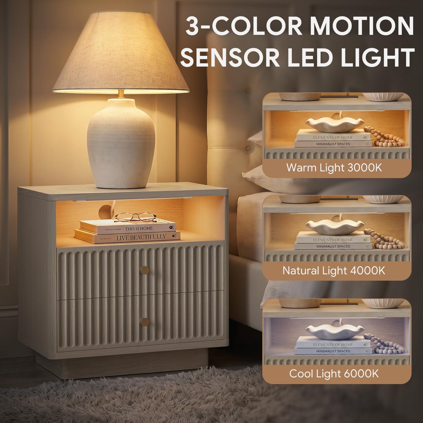 PAPROOS 23'' Fluted Nightstand Set of 2 with Charging Station, Modern Bedside Table with Motion Sensor LED Light, 2-Drawer Storage Cabinet for Bedroom & Home Office (2 pc Beige Gray)