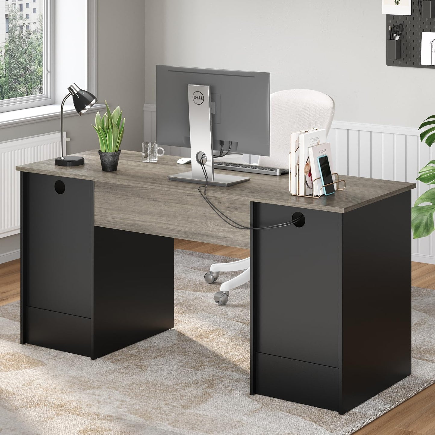 Bestier 59 Inch Office Desk with 4 Drawers, Computer Desk with Storage, Executive Desk with File Drawer, Keyboard Tray & 2 Pedestals on Both Sides for Home Office, Studio, Grey&Black