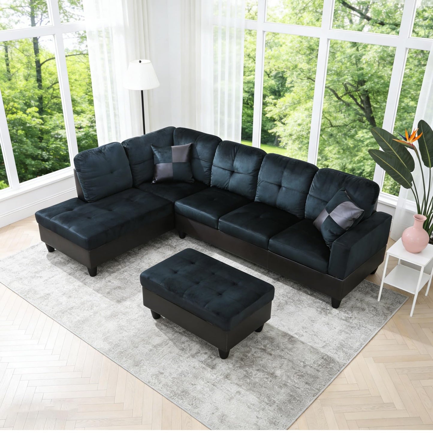 Trygoal 104 inch L-Shape Sofa with Storage Ottoman, Lint Sectional Couch with Left Chaise, Modern 3-Piece Sofa Set, Upholstered Couch Set with Solid Wood Frame for Apartment, Dark Blue Brown