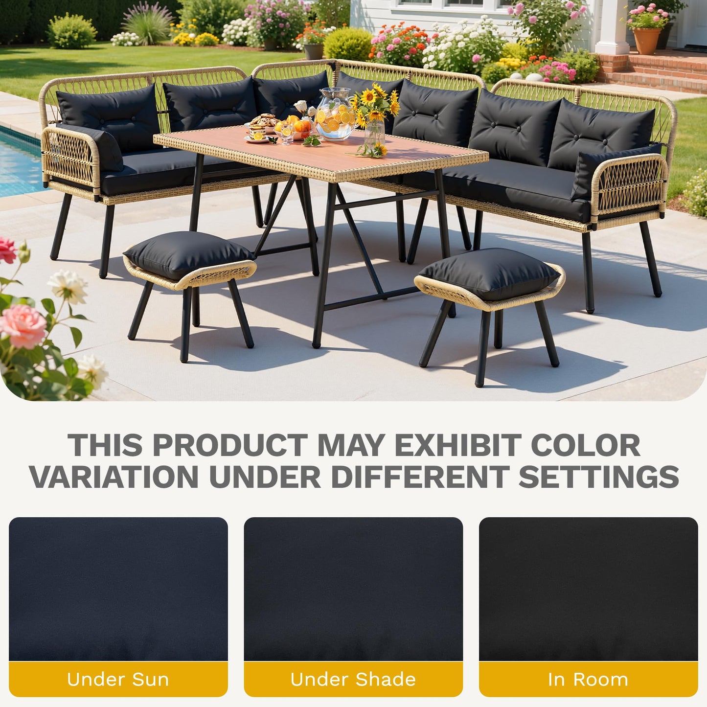 DWVO 9-Piece Patio Furniture Set Couch L Shape Outdoor Couch with Soft Cushions, Ottomans & Dining Table All-Weather Rattan Patio Conversation Set Outdoor Patio Sectional for Backyard Garden