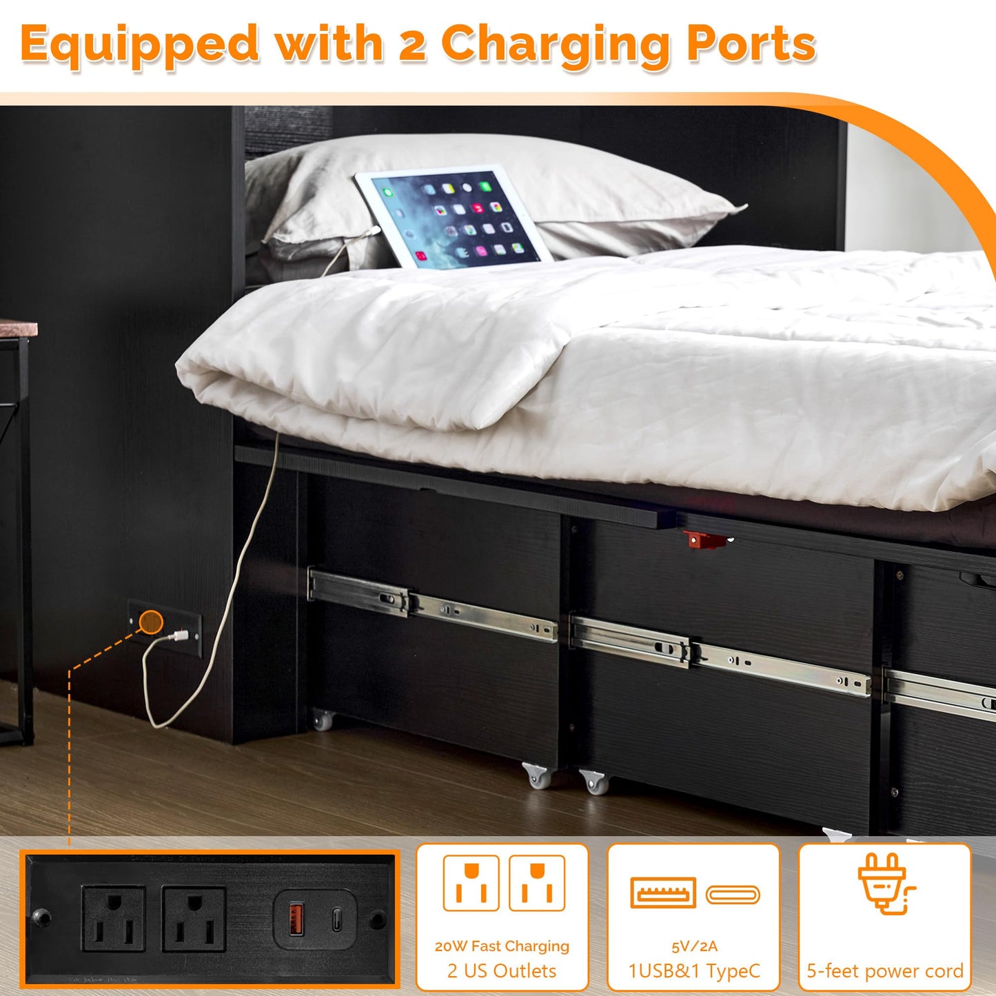 VINGLI Queen Size Murphy Bed with Storage Drawer,Smart LED Lighting,Built-in 2 Charging Stations, Space-Saving Cabinet Bedfor Kids,Adults & Guests,Classic Black