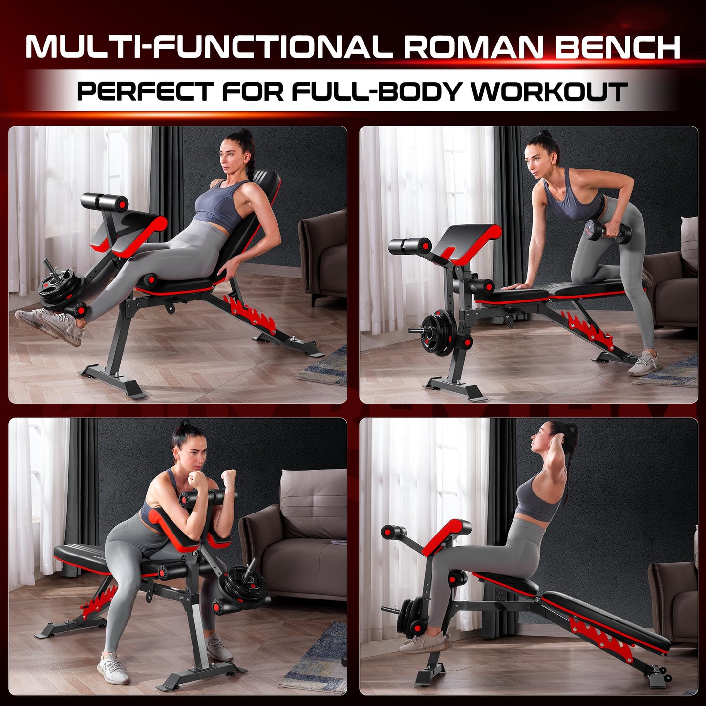 BODYRHYTHM Multifunctional Adjustable Weighted Bench with Leg Extension and Preacher Pad, Ab/Back Hyper Roman Chair, Adjustable Ab Sit up Bench, Flat Incline Decline Bench, Hyperextension Bench, Back