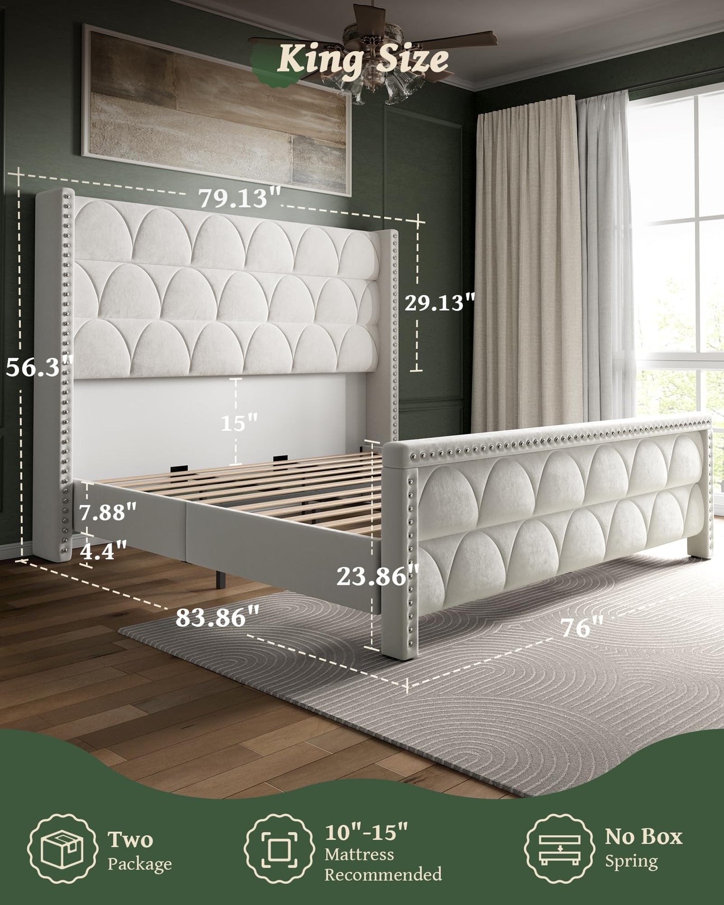 OHOHOLIVE King Size Bed Frame with 56" Headboard - Velvet Upholstered Wingback Platform Bed Frame, Noise Free, Sturdy Wooden Slat Support (Cream, King)