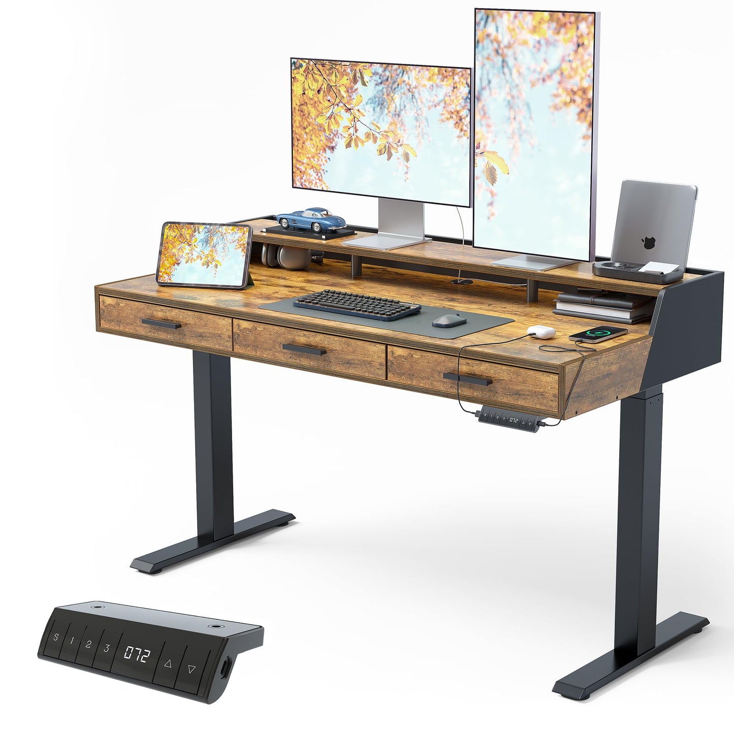 CubiCubi Standing Desk 55x26 Inches with 3 Wood Drawers and Monitor Shelf, Ergonomic Rising Home Office Desks, Height Adjustable Computer Desk, Sit Stand Up Electric Workstation Table, Antique Brown