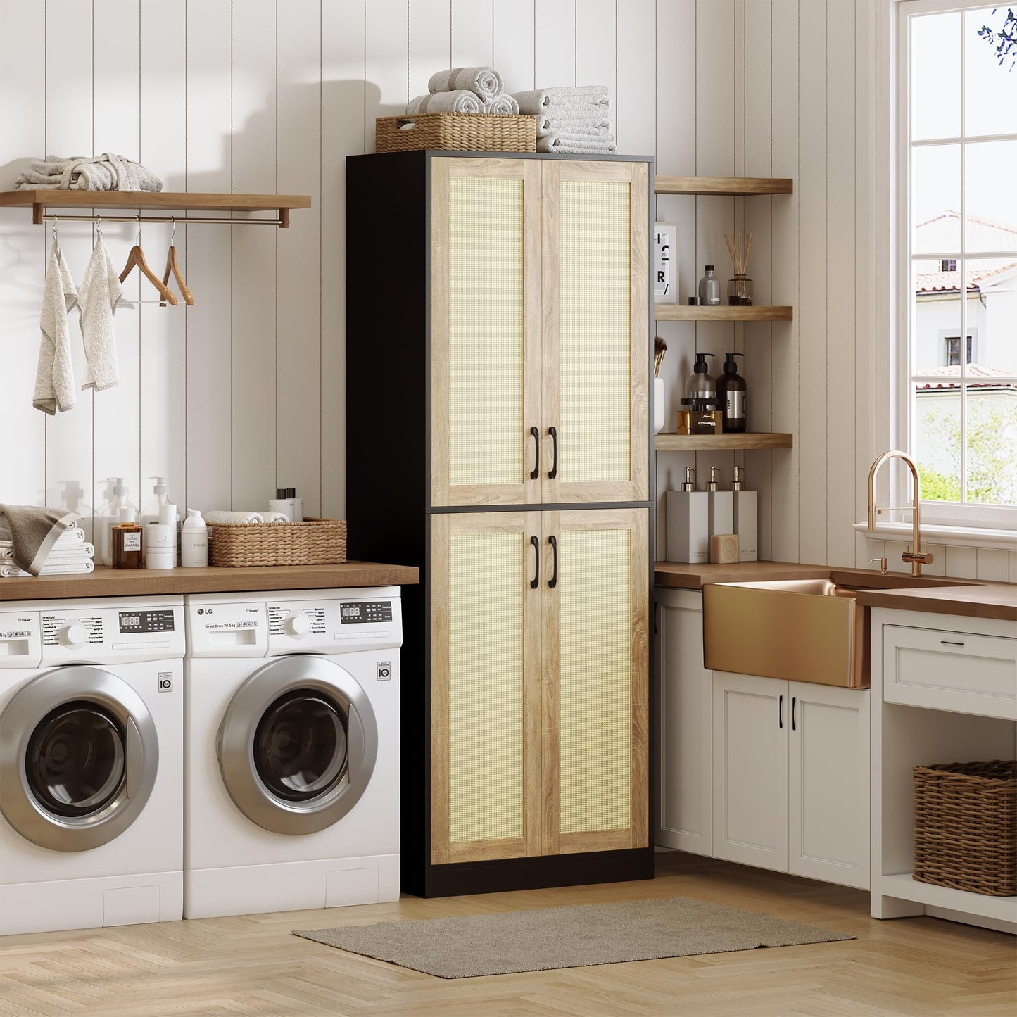JASIWAY Rattan Pantry Cabinet, 67" Tall Kitchen Storage Cabinet with Doors